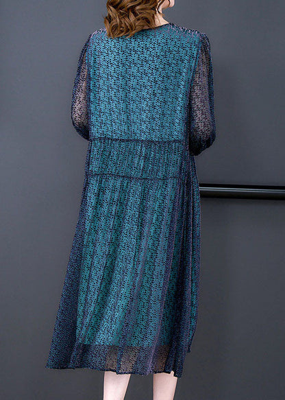 Blue V Neck Wrinkled Patchwork Silk Dress Long Sleeve