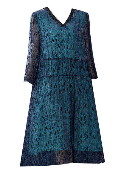 Blue V Neck Wrinkled Patchwork Silk Dress Long Sleeve