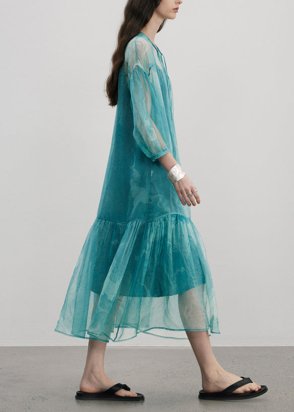 Blue V Neck Wrinkled Patchwork Silk Dress Summer