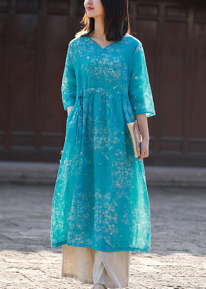 Blue V Neck Tie Waist Print Linen Dress Half Sleeve