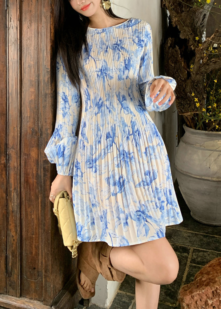 Blue Wrinkled Print Cotton Dress Flare Sleeve