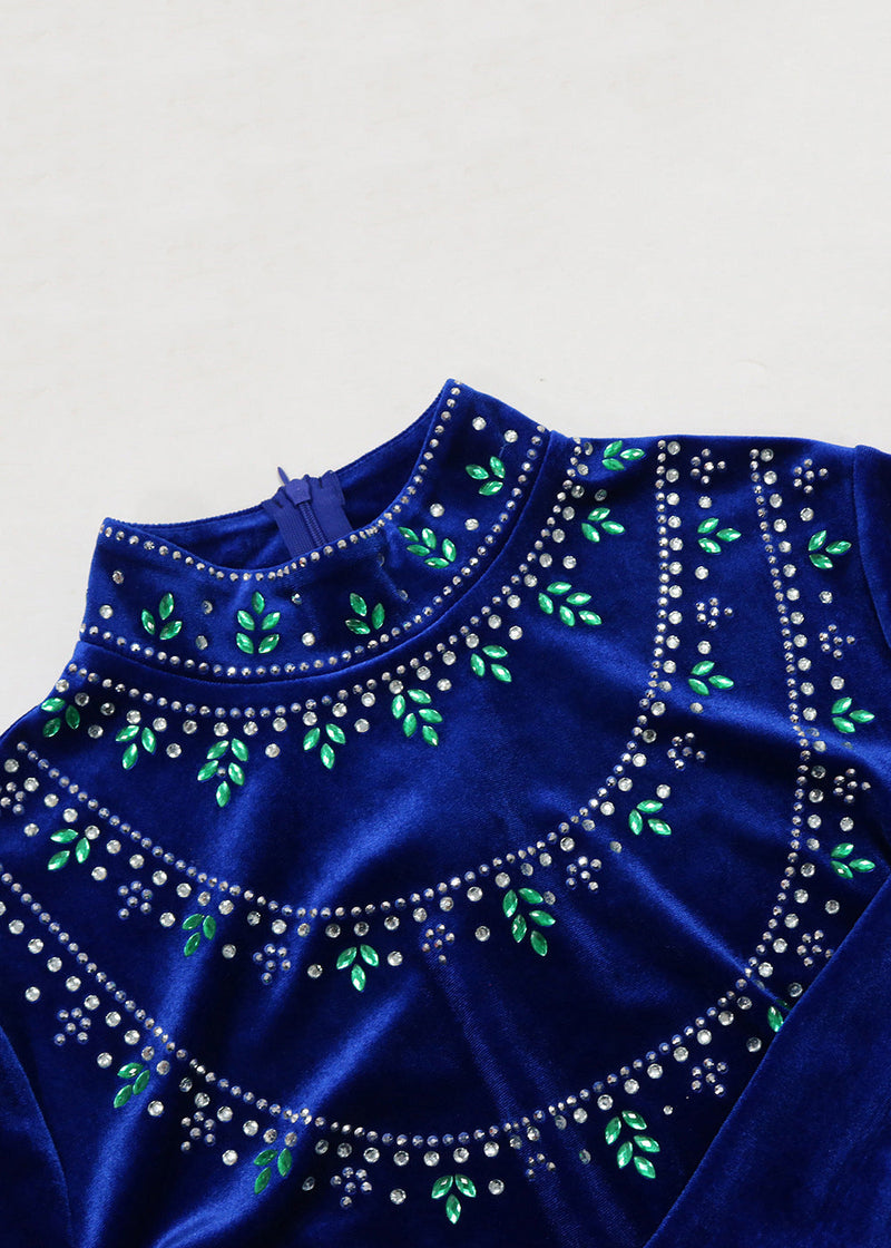 Blue Zippered Zircon Silk Velvet Long Dress Long Sleeve