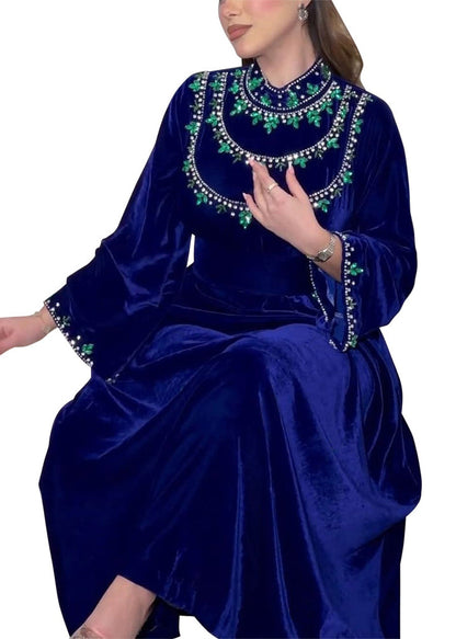 Blue Zippered Zircon Silk Velvet Long Dress Long Sleeve