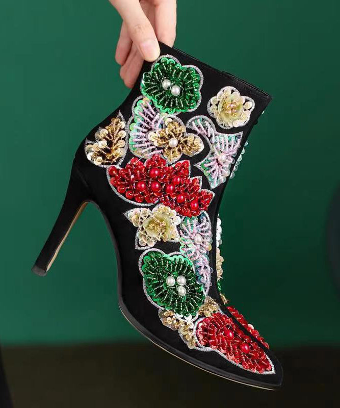 Black Embroidered Nail Bead Short Boots Stiletto Sheepskin