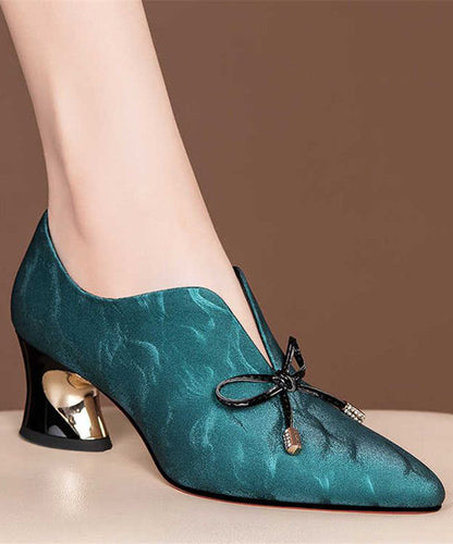 Bow Splicing Pointed Toe Chunky Black Cowhide Leather