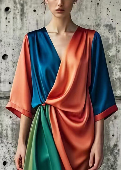 Brick Red Asymmetrical Patchwork Silk Holiday Dress Summer