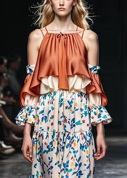 Brown Cold Shoulder Patchwork Print Silk Dresses Spring