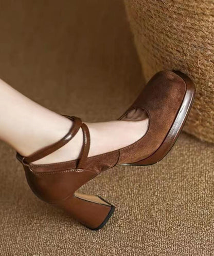 Brown High Heels Suede Cross Strap Splicing