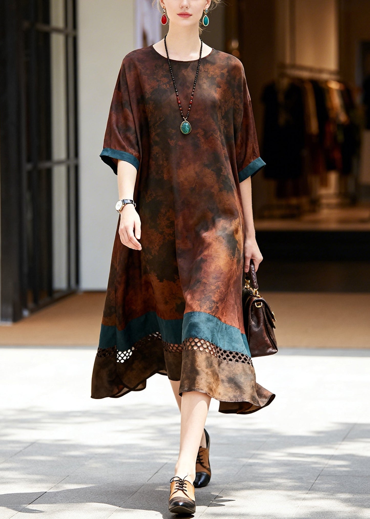 Brown Hollow Out Patchwork Cotton Long Dress Summer