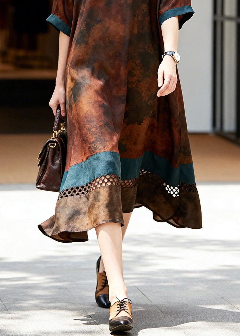 Brown Hollow Out Patchwork Cotton Long Dress Summer