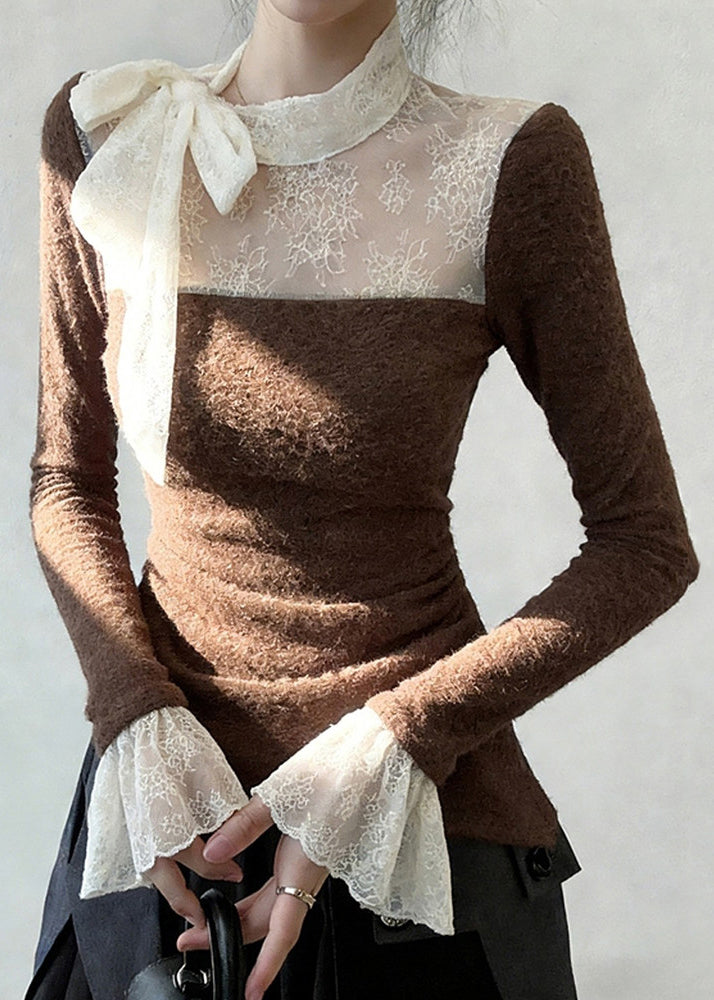Brown Lace Up Lace Patchwork T Shirt Flare Sleeve