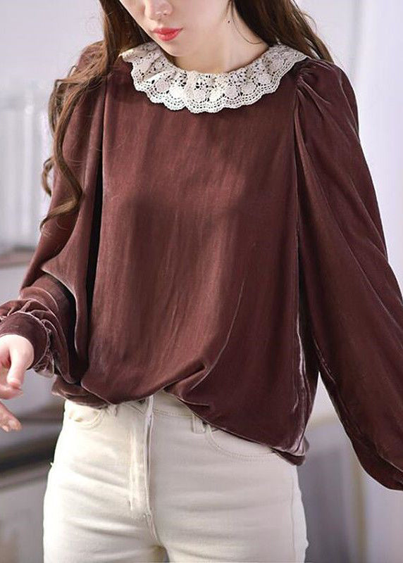 Brown O-neck Lace Patchwork Silk Velour Blouses Spring