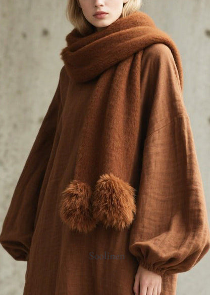 Brown Oversized Cotton Long Dresses Lantern Sleeve