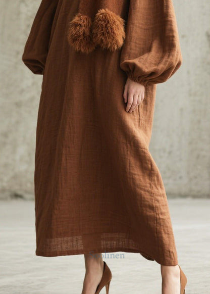 Brown Oversized Cotton Long Dresses Lantern Sleeve