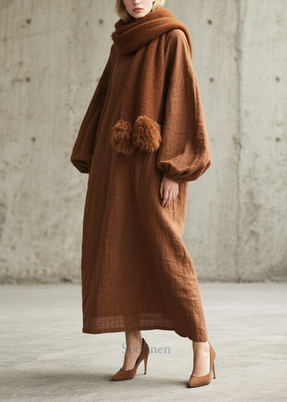 Brown Oversized Cotton Long Dresses Lantern Sleeve
