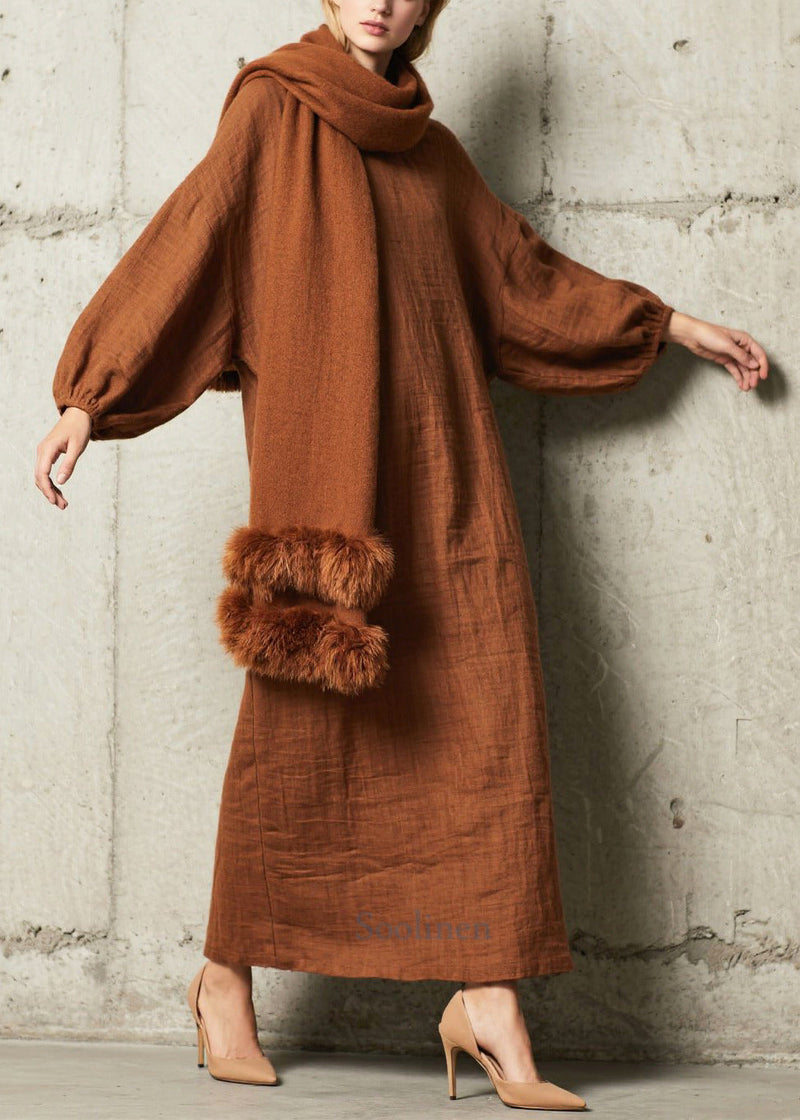 Brown Oversized Cotton Straight Dress Fall