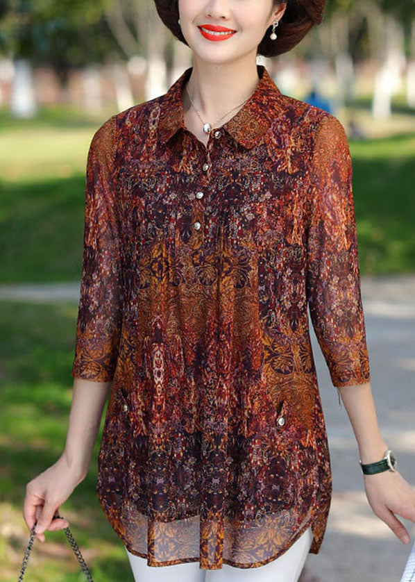 Brown Peter Pan Collar Print Button Silk Shirt Top Bracelet Sleeve