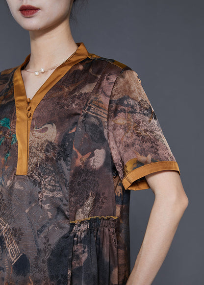 Brown Print Silm Fit Silk Long Dress Summer
