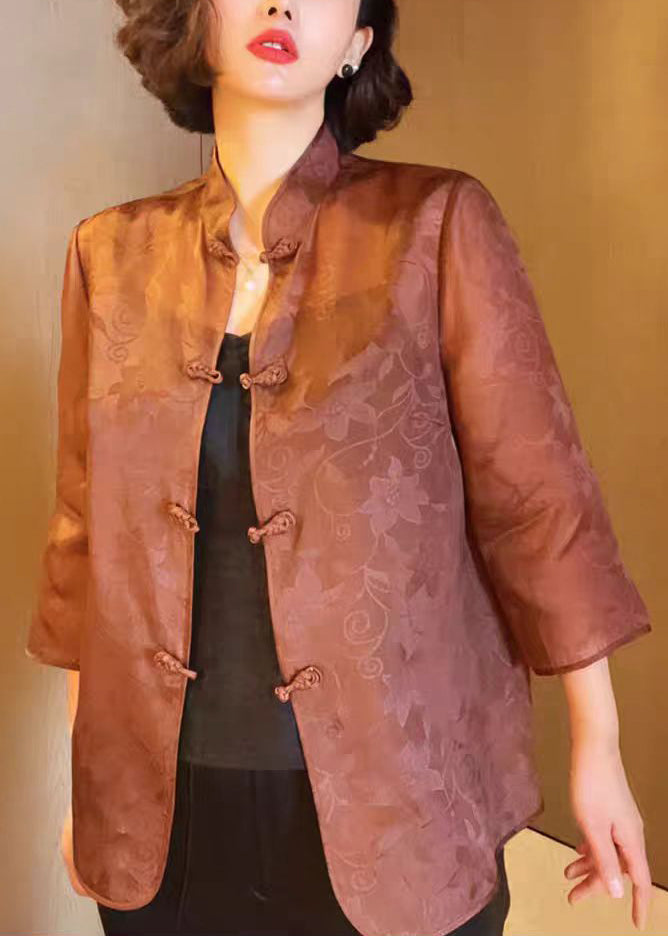 Brown Stand Collar Button Print Silk Blouses Summer