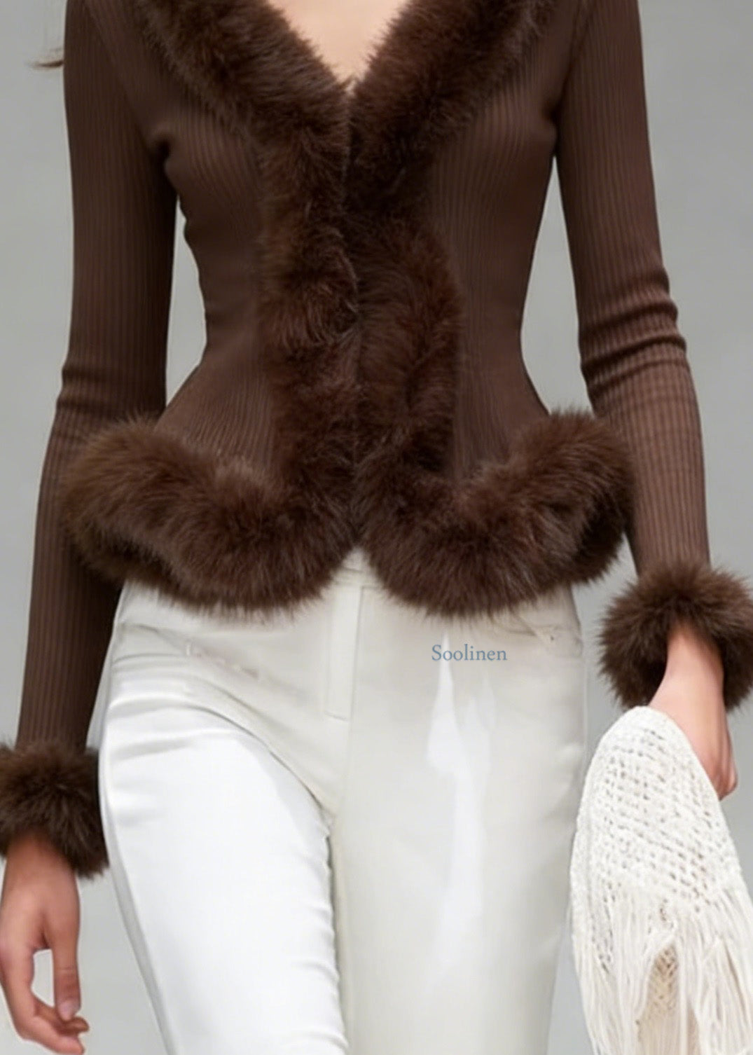 Brown V Neck Fuzzy Fur Patchwork Knit Top Spring