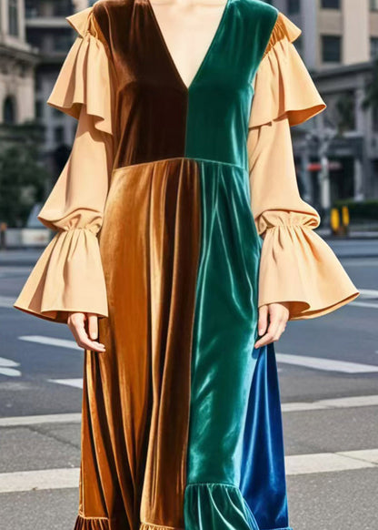 Brown V Neck Patchwork Silk Velvet Robe Dresses Flare Sleeve