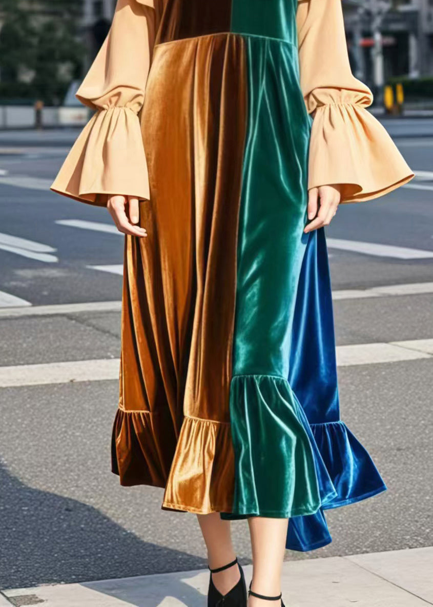 Brown V Neck Patchwork Silk Velvet Robe Dresses Flare Sleeve