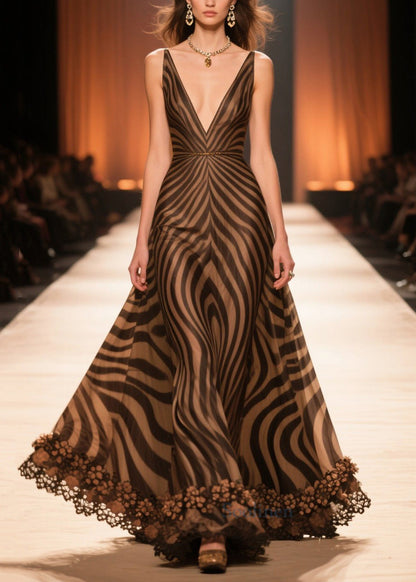 Brown V Neck Striped Chiffon Long Dresses Summer