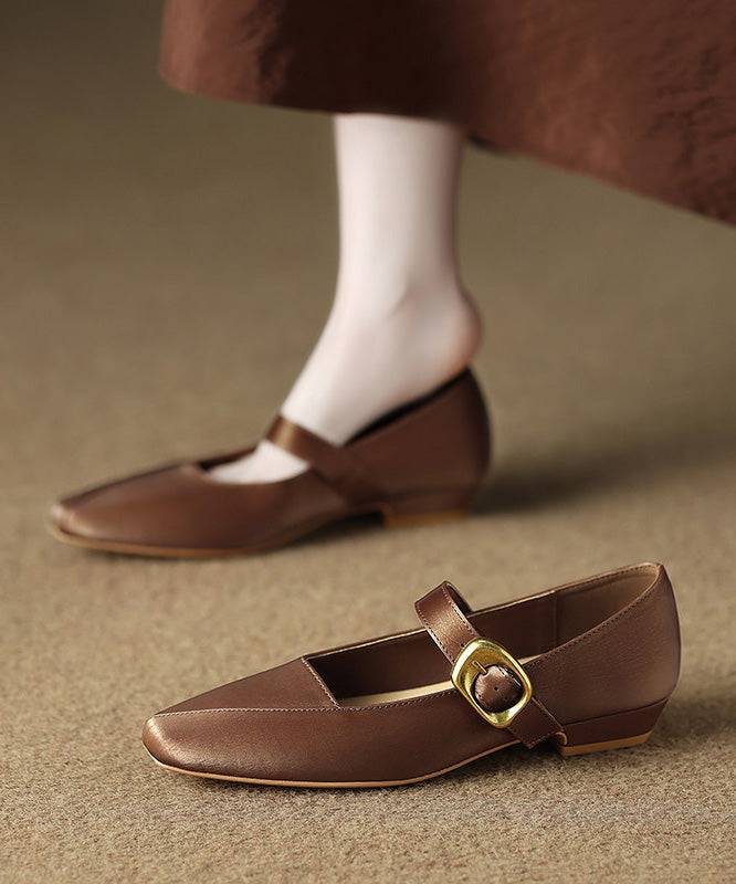 Buckle Strap Splicing Flats Brown Faux Leather