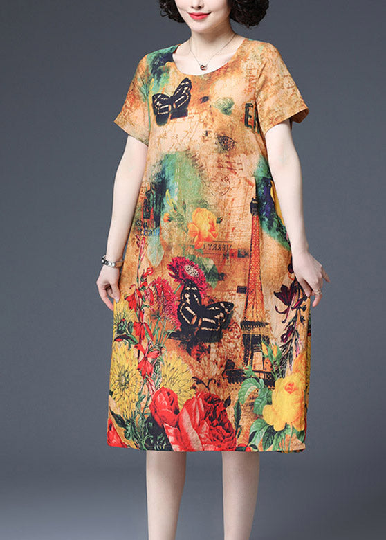 Butterfly Print O-neck Cotton Dress Short Sleeve