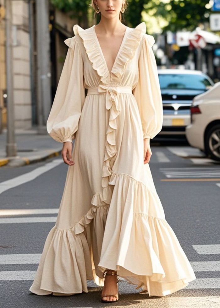 Champagne Color Ruffled Exra Large Hem Long Dress Spring