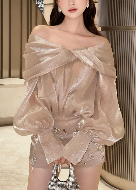 Champagne Color Slash Neck Zircon Silk Mid Dress Fall
