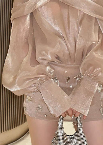 Champagne Color Slash Neck Zircon Silk Mid Dress Fall