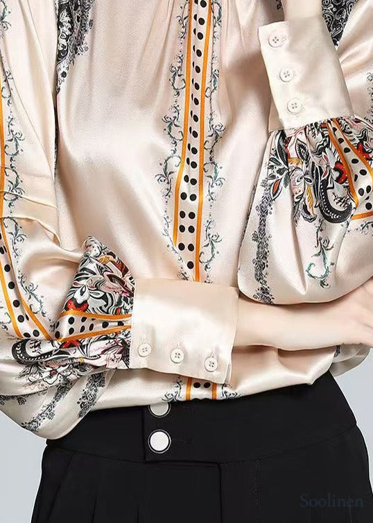 Elegant Champagne Stand Collar Print Silk Shirt Top Spring