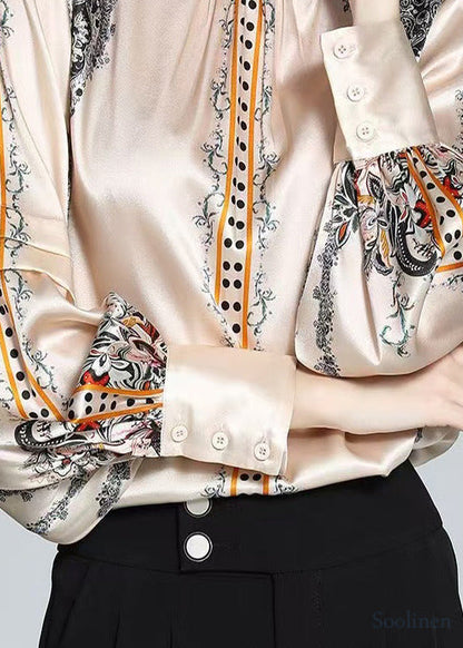 Elegant Champagne Stand Collar Print Silk Shirt Top Spring