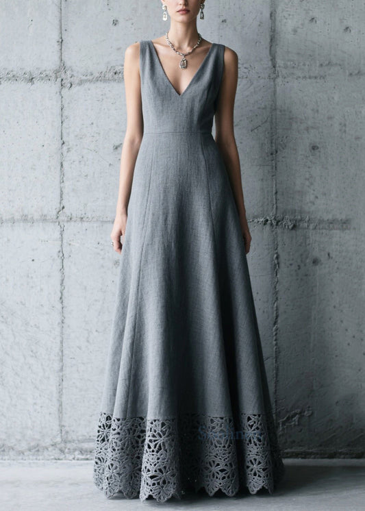 Charcoal Grey V Neck Patchwork Cotton Long Dress Summer