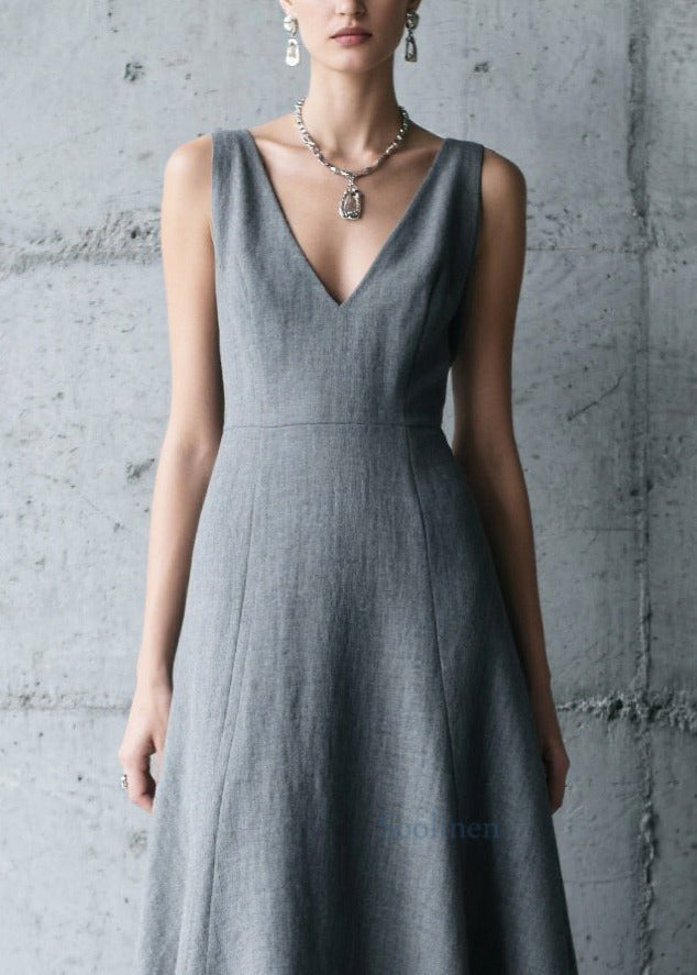 Charcoal Grey V Neck Patchwork Cotton Long Dress Summer