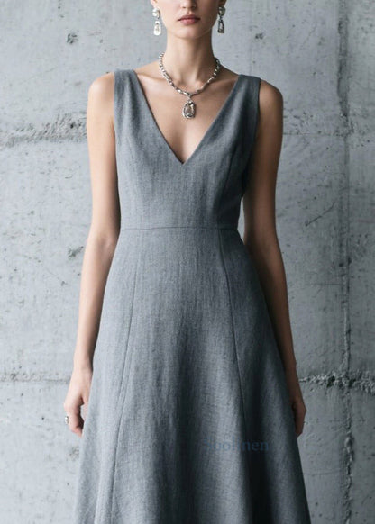 Charcoal Grey V Neck Patchwork Cotton Long Dress Summer