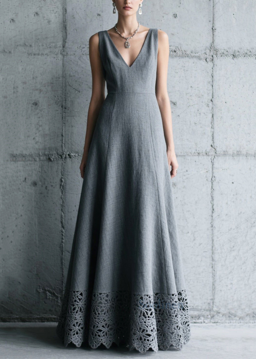 Charcoal Grey V Neck Patchwork Cotton Long Dress Summer