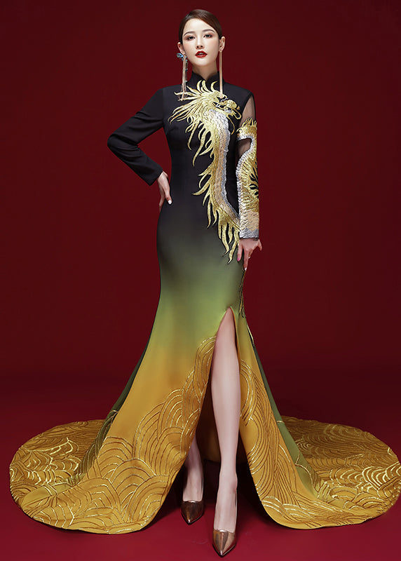 Chinese Style Black Yellow Embroidered Side Open Silk Dress Long Sleeve
