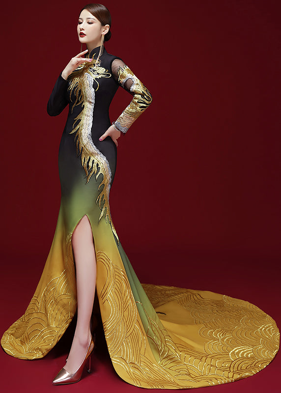 Chinese Style Black Yellow Embroidered Side Open Silk Dress Long Sleeve