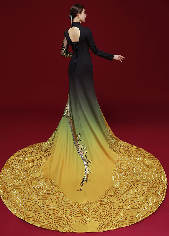 Chinese Style Black Yellow Embroidered Side Open Silk Dress Long Sleeve