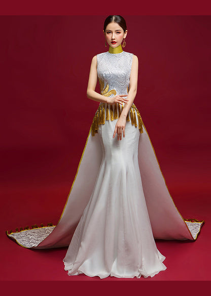 Chinese Style White Tasseled Embroidered Silk Dresses Sleeveless