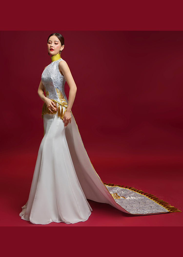 Chinese Style White Tasseled Embroidered Silk Dresses Sleeveless
