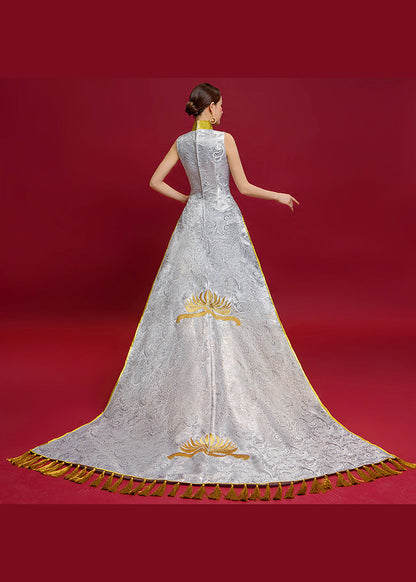 Chinese Style White Tasseled Embroidered Silk Dresses Sleeveless