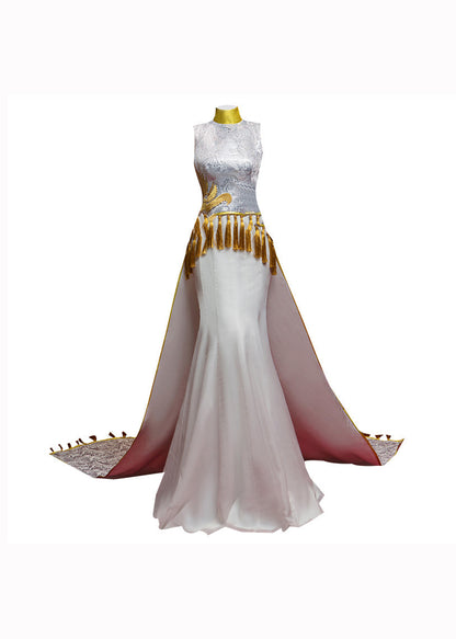 Chinese Style White Tasseled Embroidered Silk Dresses Sleeveless