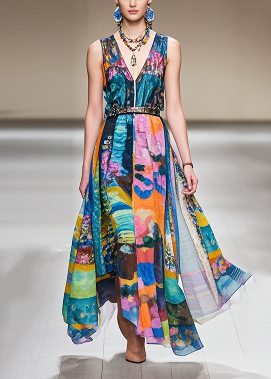 Cinched Print Exra Large Hem Chiffon Dresses Sleeveless