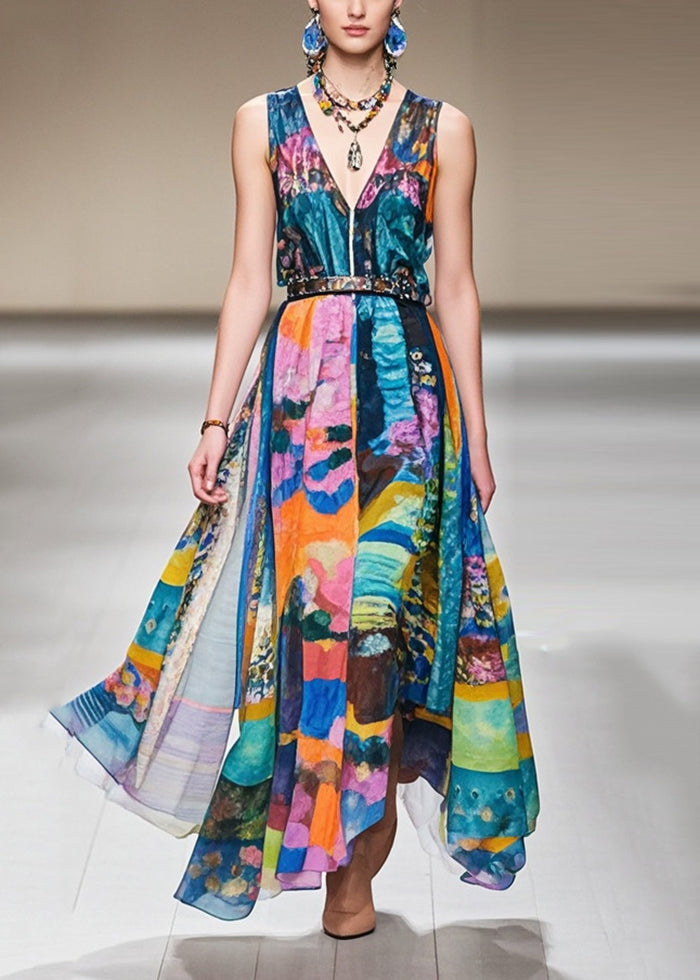 Cinched Print Exra Large Hem Chiffon Dresses Sleeveless