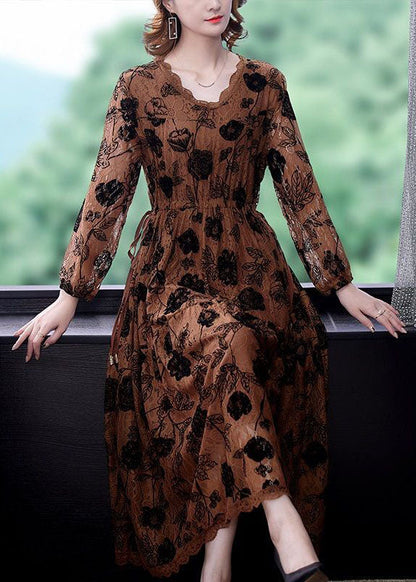 Chocolate Cinched Print Lace Long Dresses Spring