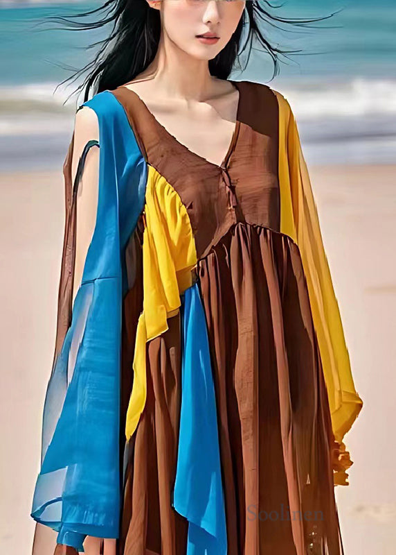 Coffee Cold Shoulder Patchwork Linen Dresses Summer