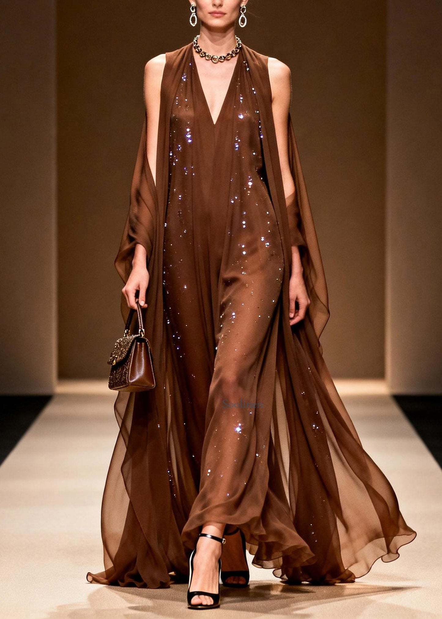 Coffee Cold Shoulder Zircon Chiffon Maxi Dresses Sleeveless